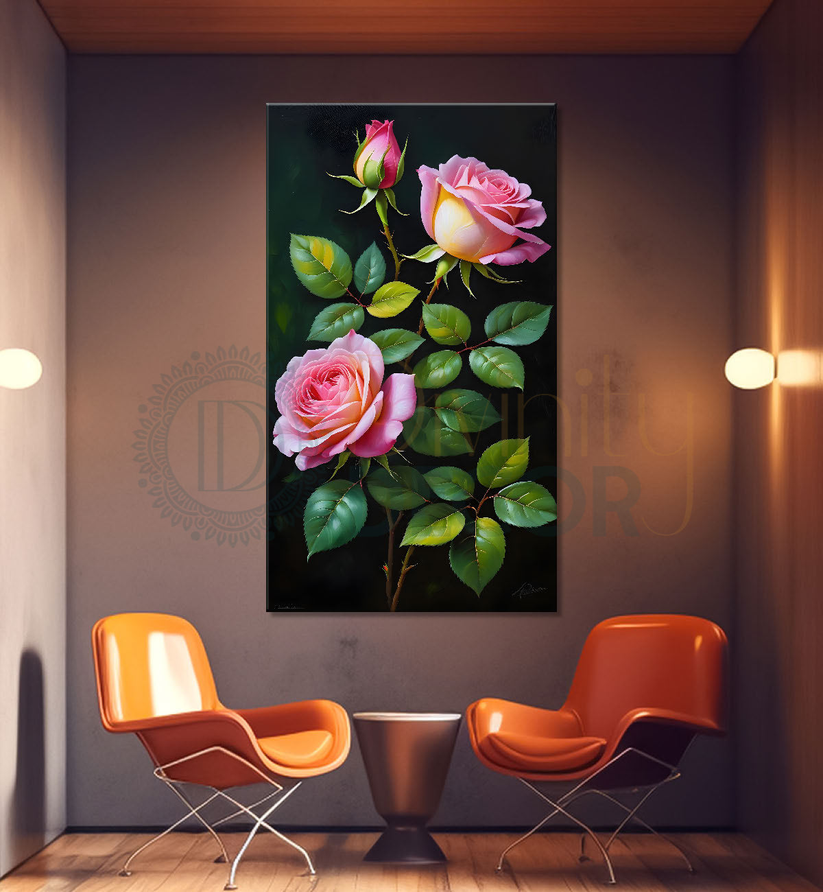 Pink flowers with leaves in dark textured background painting- Flower-V-267