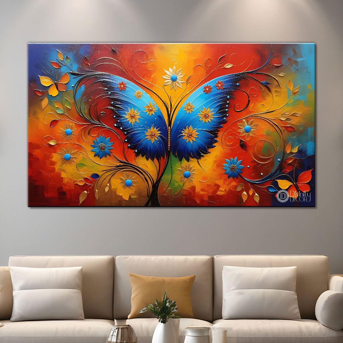 Blue butterfly in colors textured modern art Canvas Painting - Design - Modern-L-267
