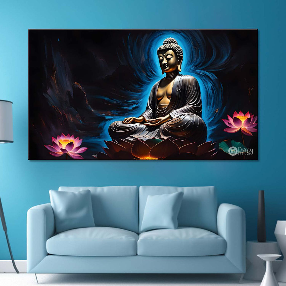 Buddha with dark and blue textured background painting Canvas Wall Painting - Buddha-268