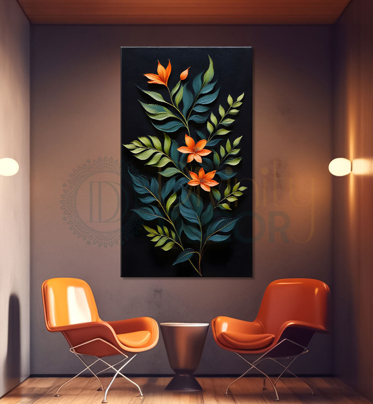 Orange flowers with leaves in dark textured background painting- Flower-V-268