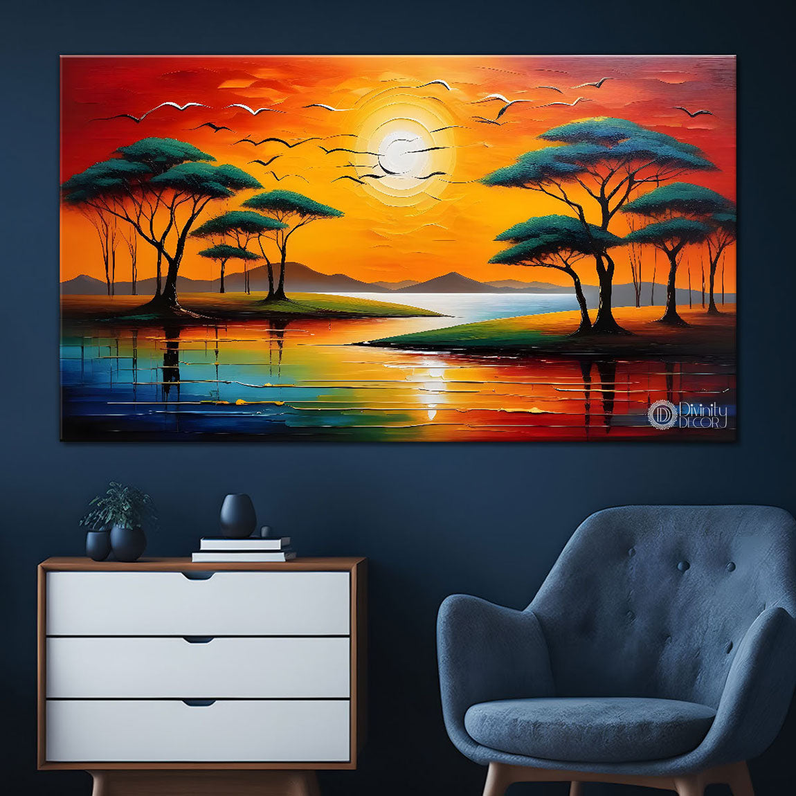 Trees and river colorful painting Canvas Painting - Nature Art -268