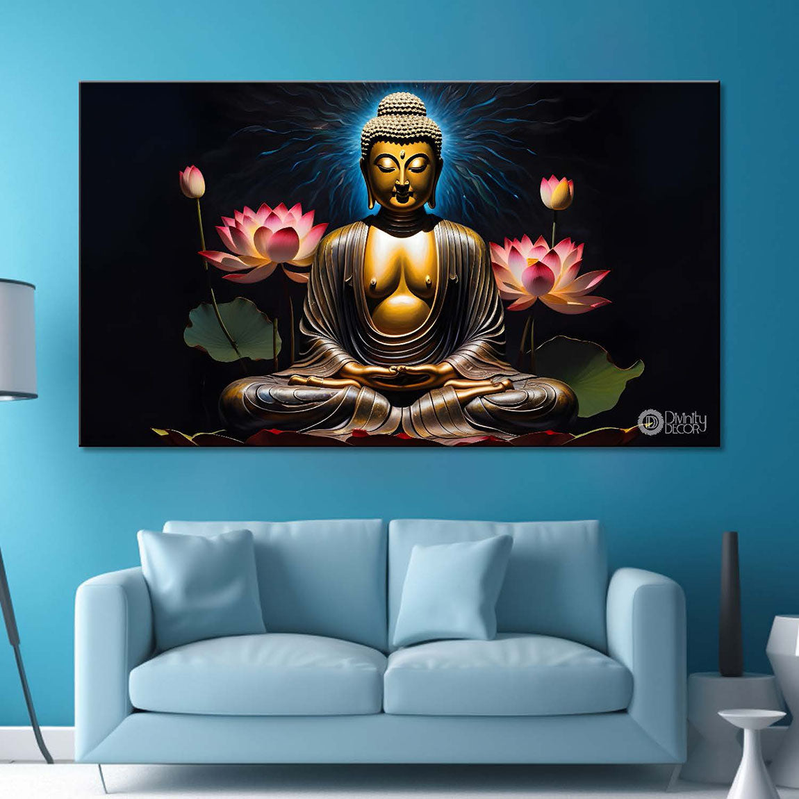 Buddha with dark and lotus textured background painting Canvas Wall Painting - Buddha-269
