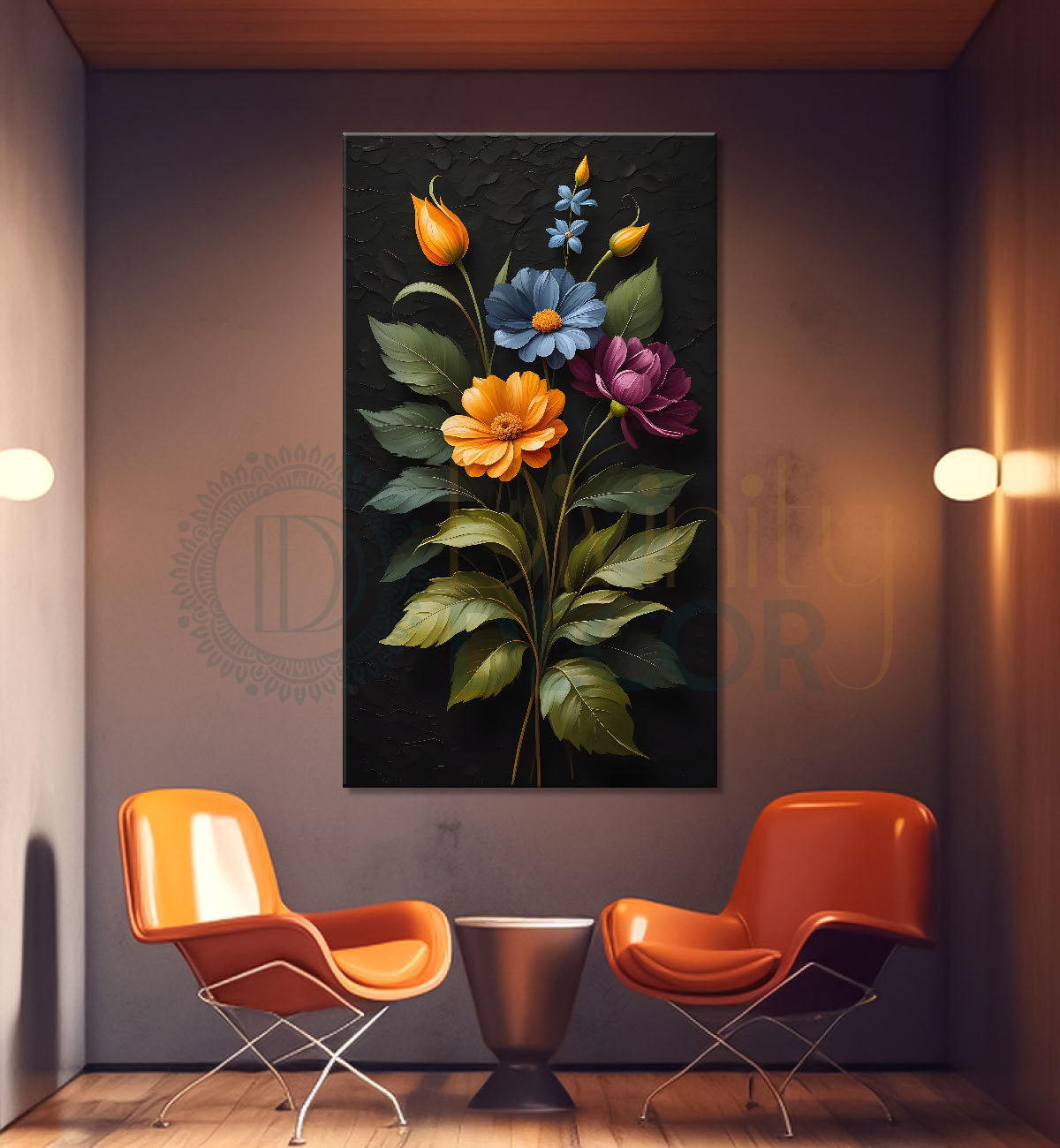 Colourful flowers with leaves in dark textured background painting- Flower-V-269