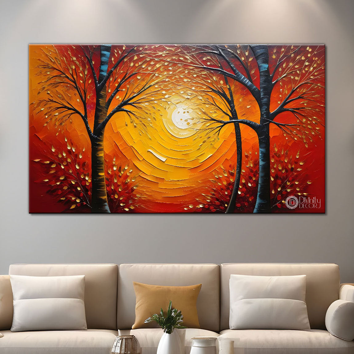 Two tree with a sun textured modern art Canvas Painting - Design - Modern-L-269