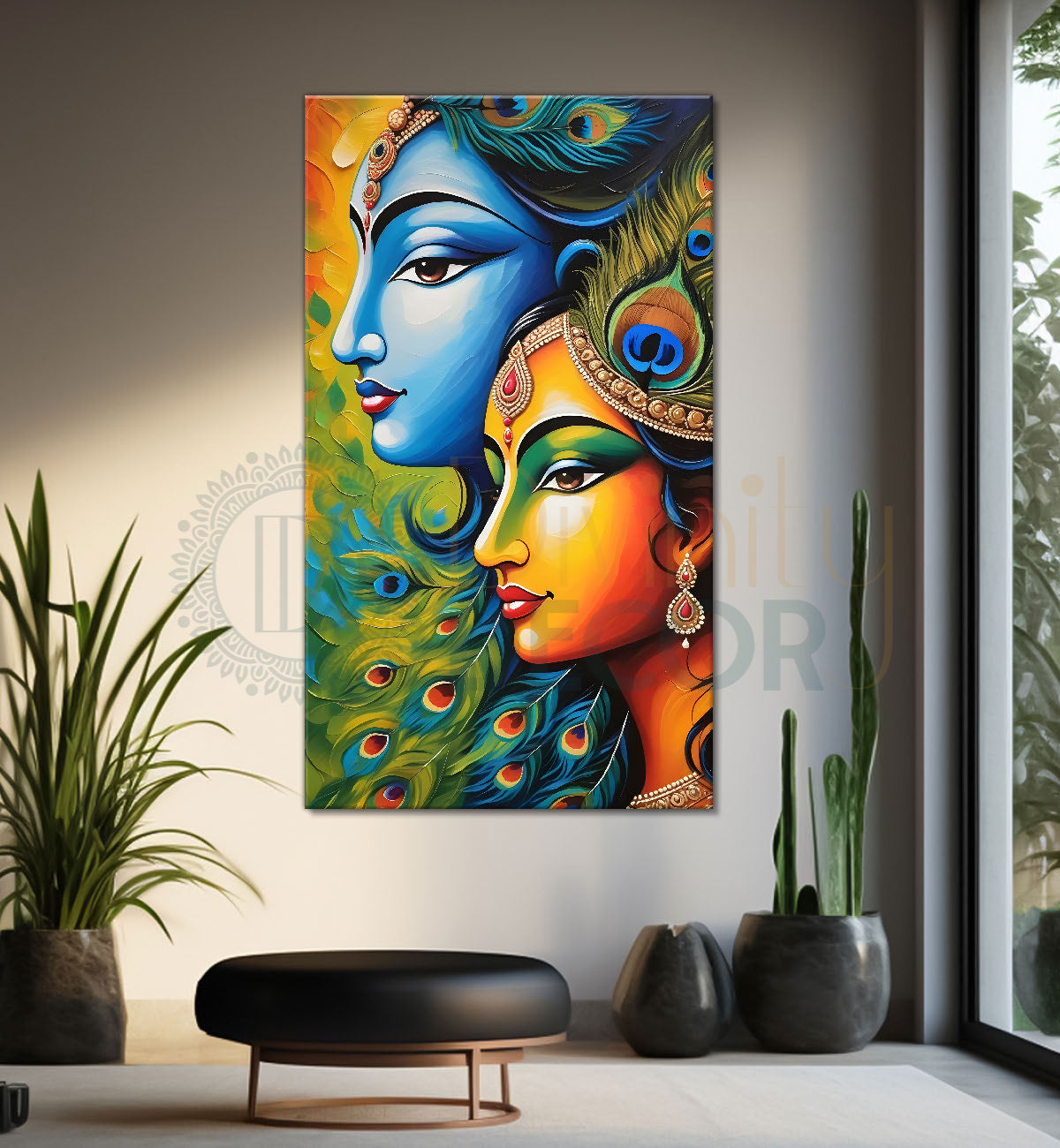 Blue face of krishna with radha in peacock feathers background textured art Canvas Painting - Design - Krishna-V-26