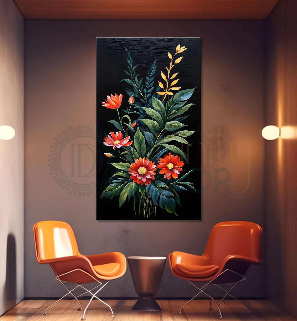 Red flowers with leaves in dark textured background painting- Flower-V-271