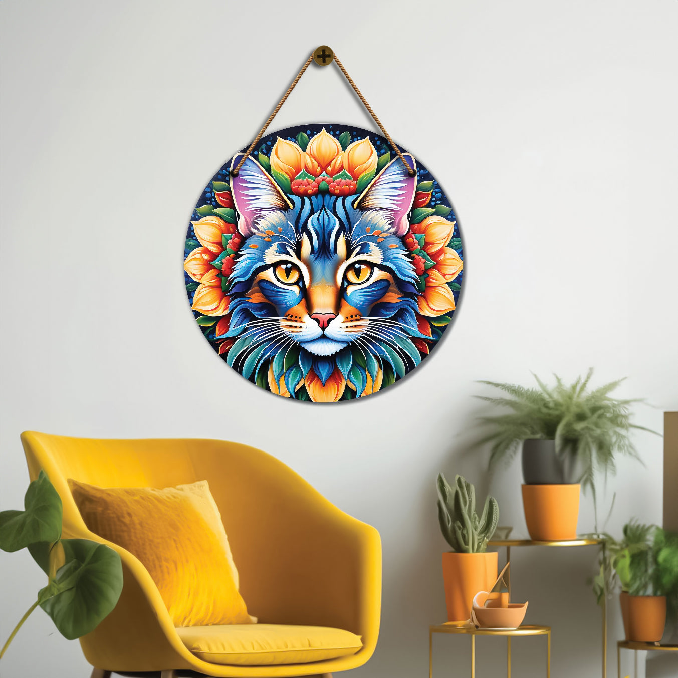 Cat in blue and yellow mandala Round Wooden Wall Hanging for wall Décor - Design - 272