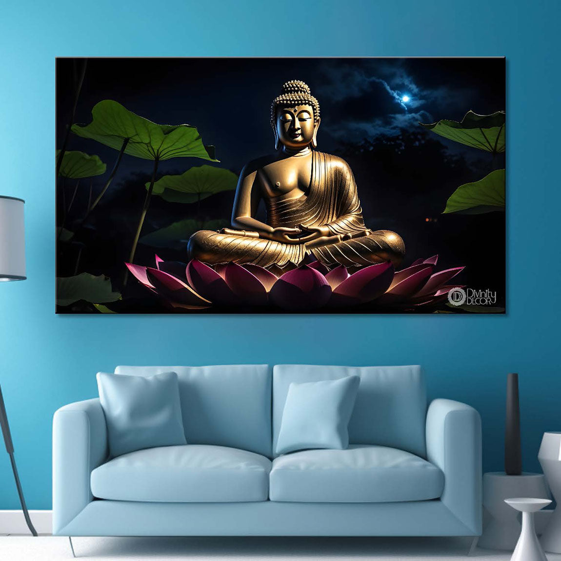 Buddha sitting on lotus with dark textured background painting Canvas Wall Painting - Buddha-273