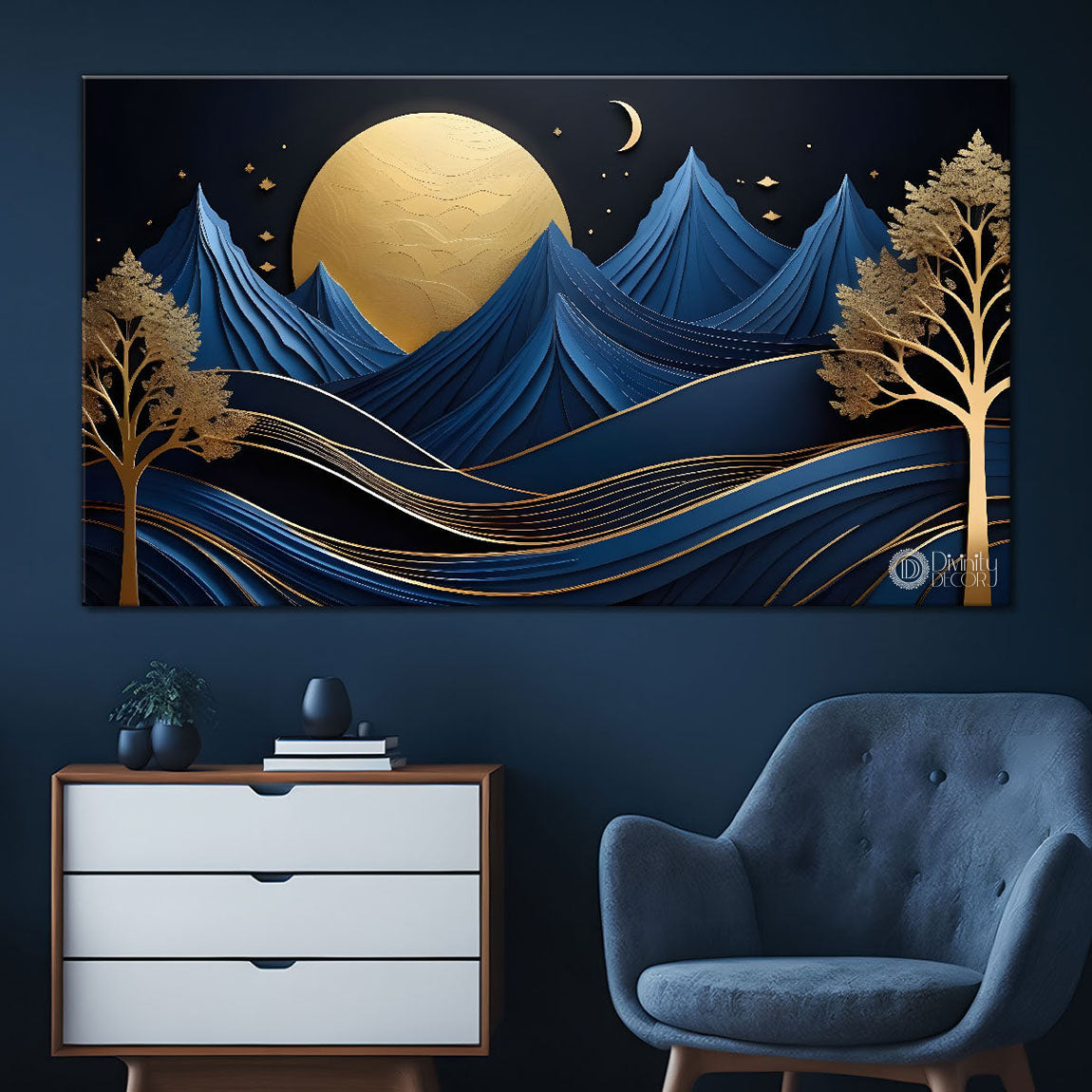 Blue mountains with golden moon and tree Canvas Painting - Nature Art -273