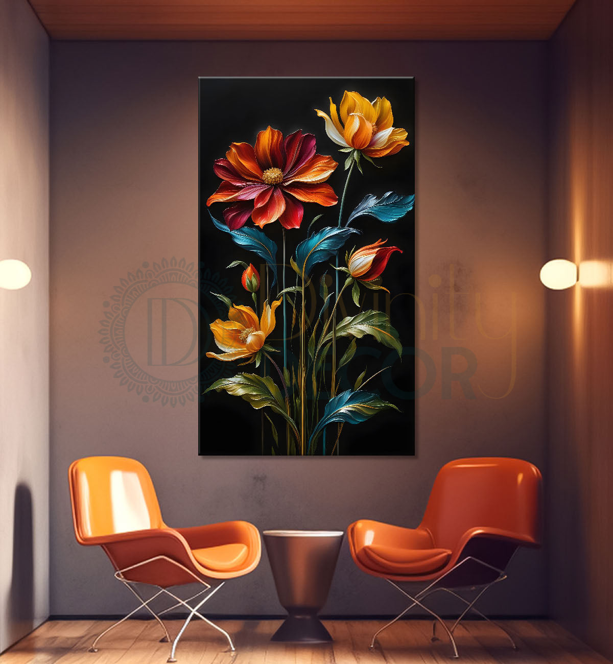 Colourful flowers with leaves in dark textured background painting- Flower-V-273