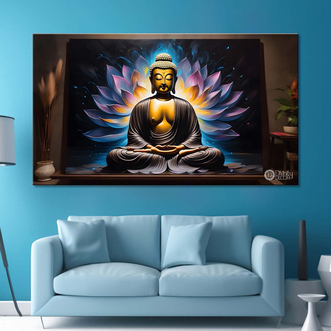 Buddha with dark and lotus textured background painting Canvas Wall Painting - Buddha-274