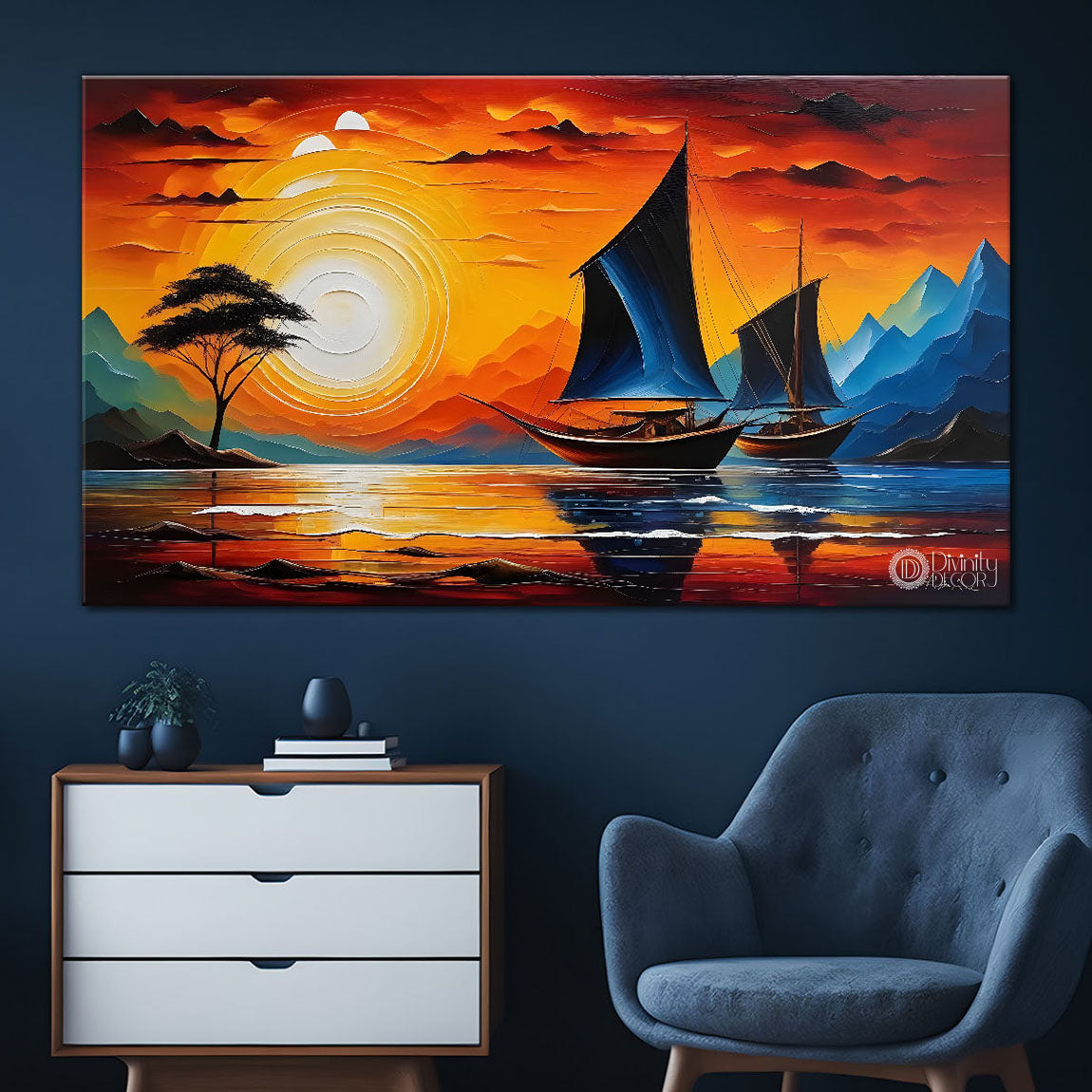 Boat on river with mountains and sunrise painting Canvas Painting - Nature Art -274