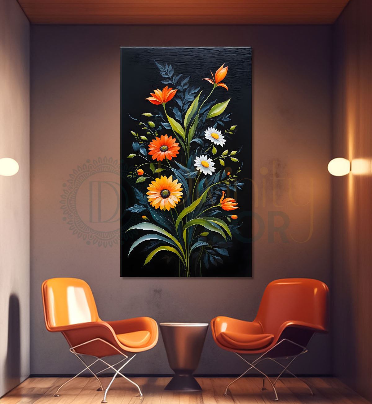 Colourful flowers with leaves in dark textured background painting- Flower-V-274