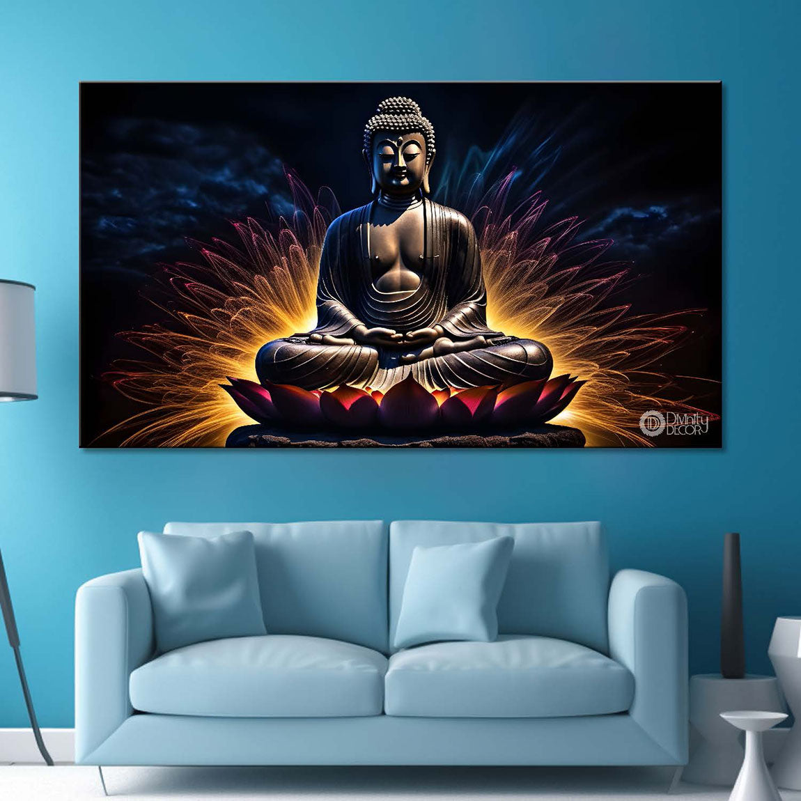 Buddha sitting on lotus with dark textured background painting Canvas Wall Painting - Buddha-275
