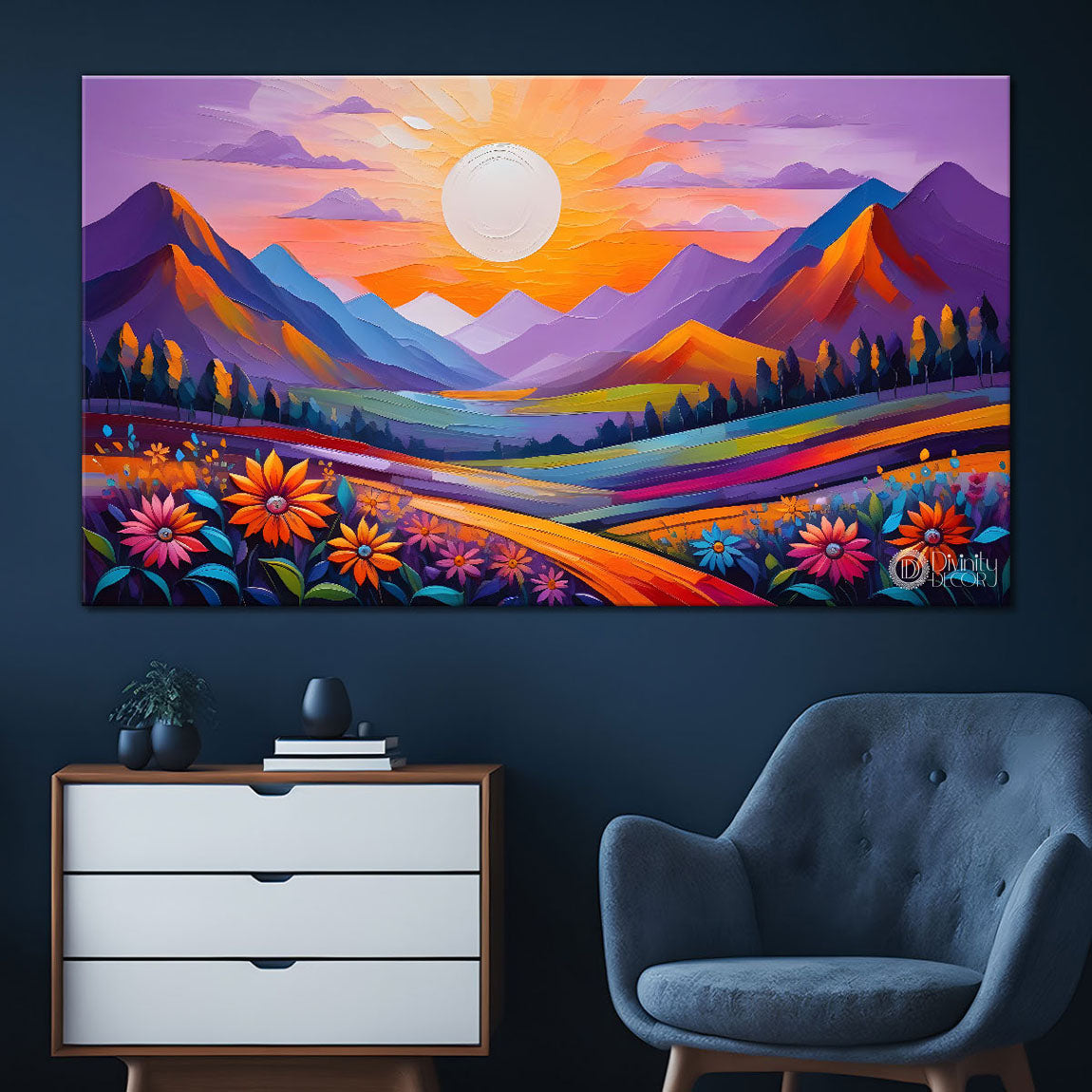 Mountains with flowers and sunset painting Canvas Painting - Nature Art -275