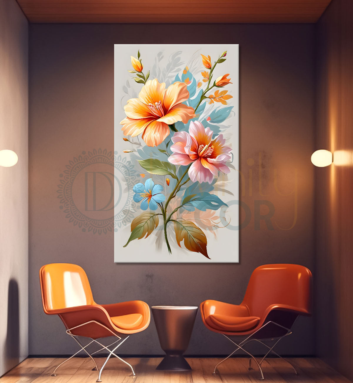 Orange and pink flowers in grey textured background painting- Flower-V-275