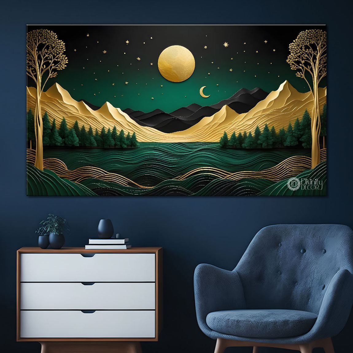 Green mountains with golden moon and trees Canvas Painting - Nature Art -276