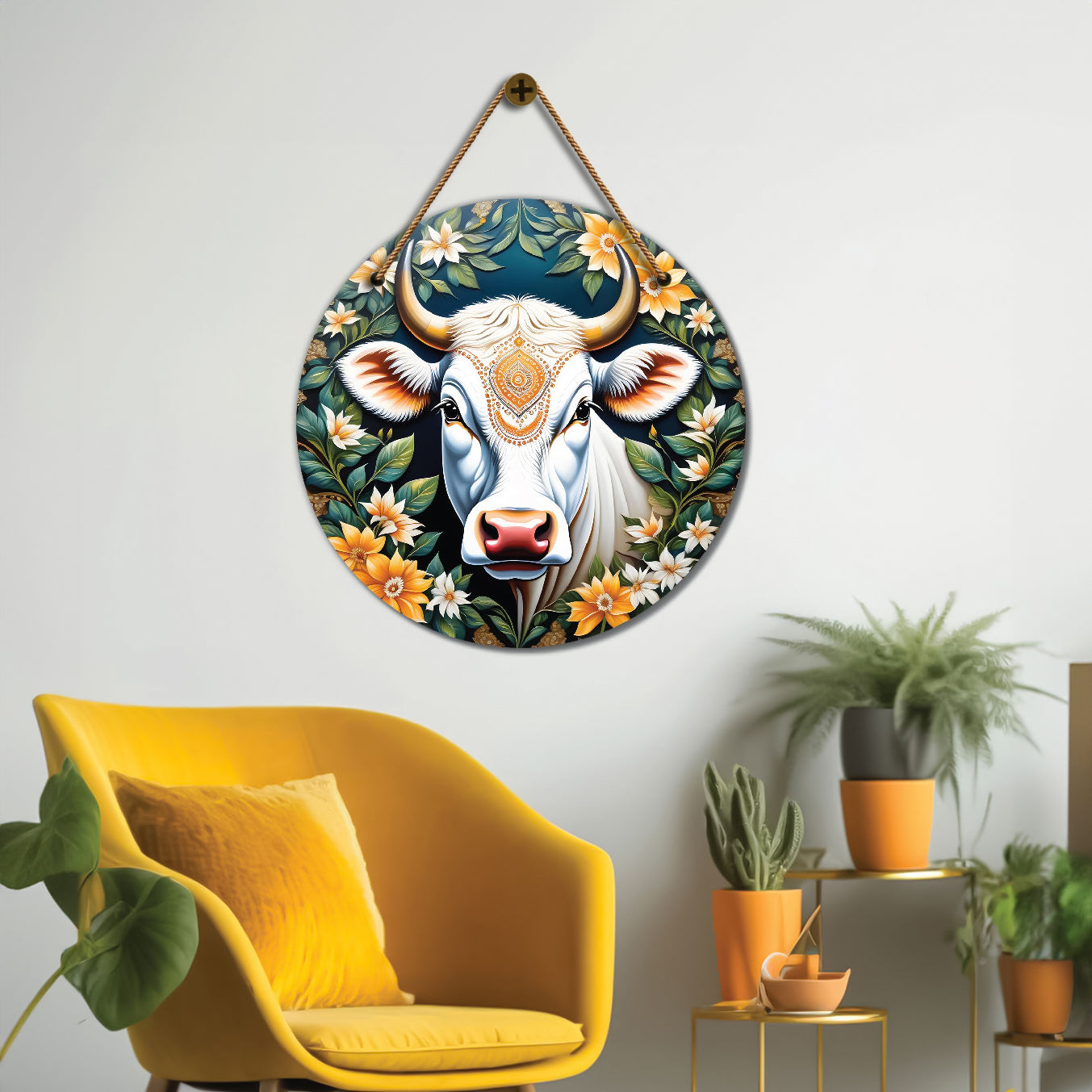 Cow in green and floral mandala Round Wooden Wall Hanging for wall Décor - Design - 276