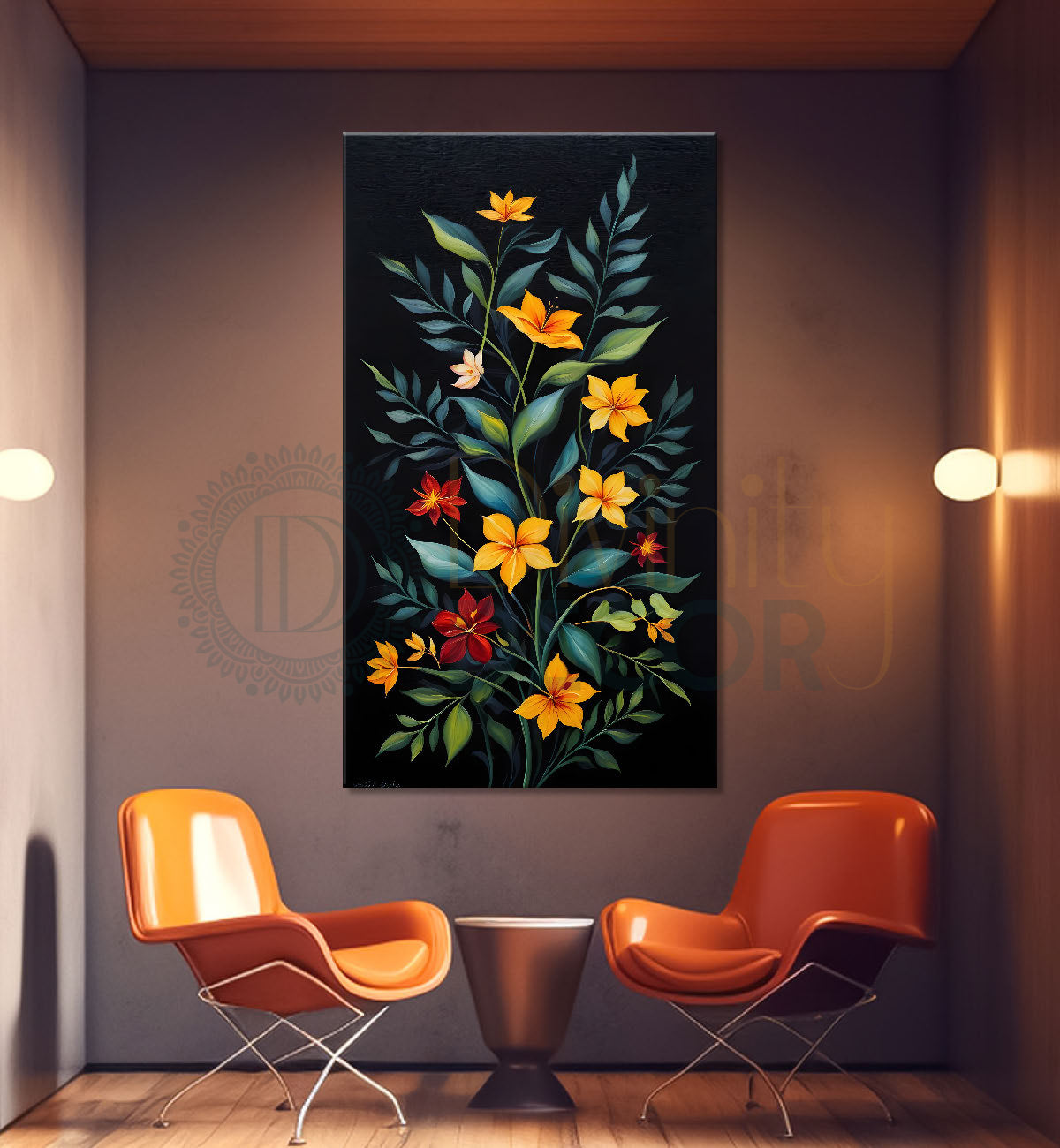Colourful flowers with leaves in dark textured background painting- Flower-V-276