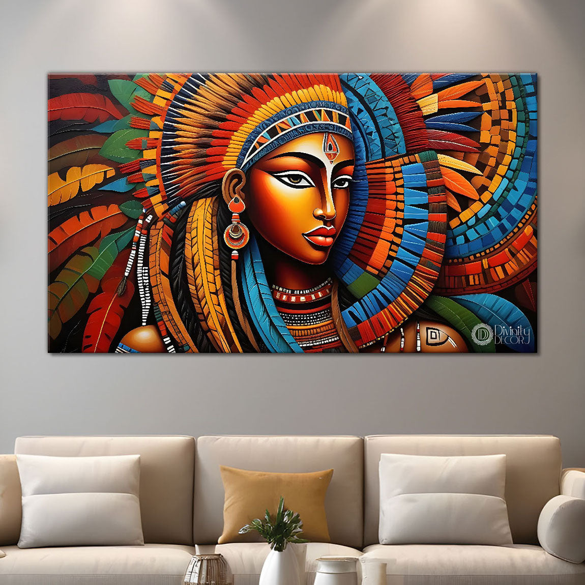 Tribal lady with bright background textured art Canvas Painting - Design - Modern-L-277