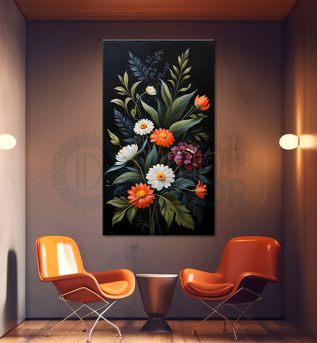 Colourful flowers with leaves in dark textured background painting- Flower-V-277