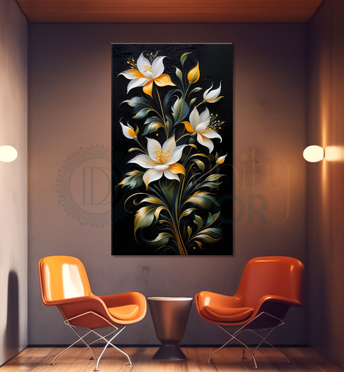 White flowers with leaves in dark textured background painting- Flower-V-278