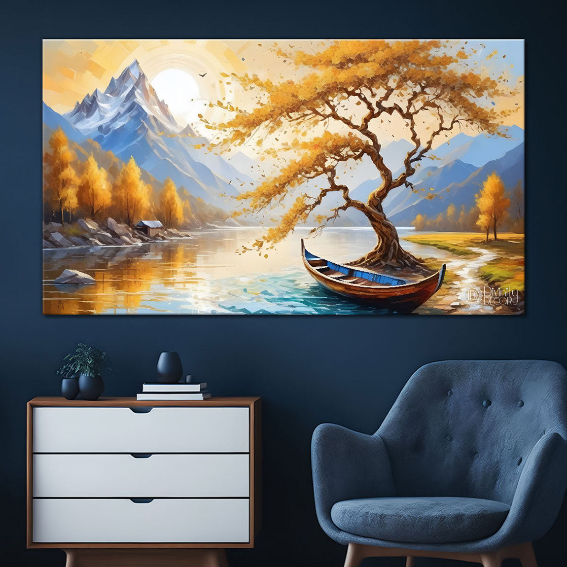 Mountains with golden tree painting Canvas Painting - Nature Art -278