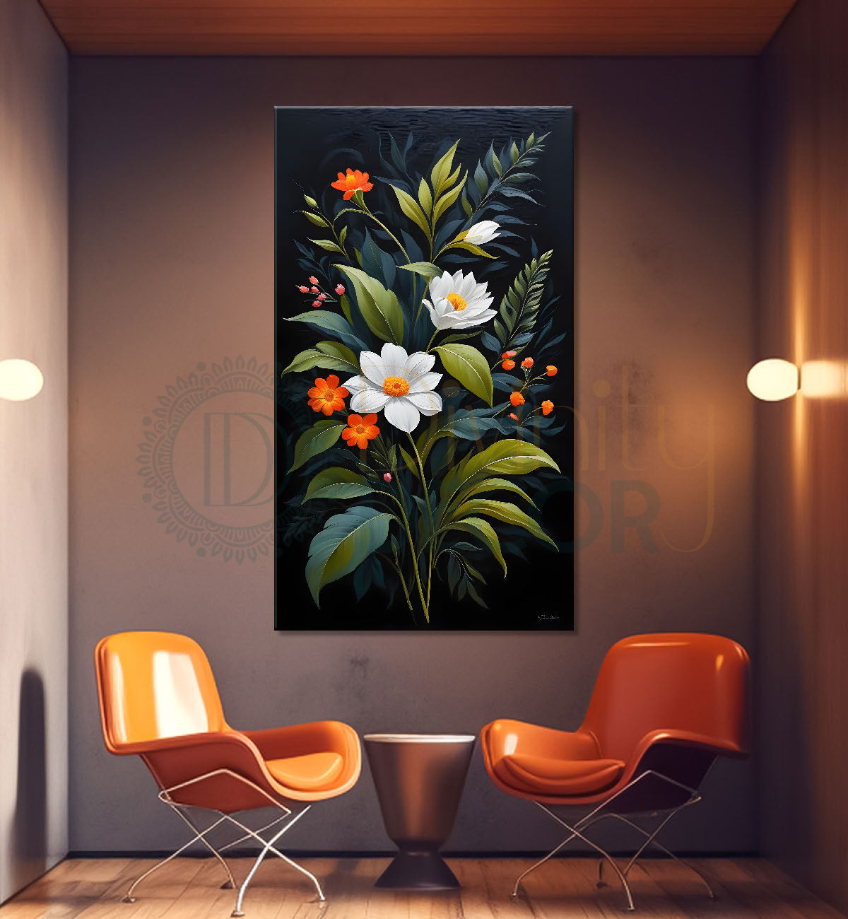 White flowers with leaves in dark textured background painting- Flower-V-279