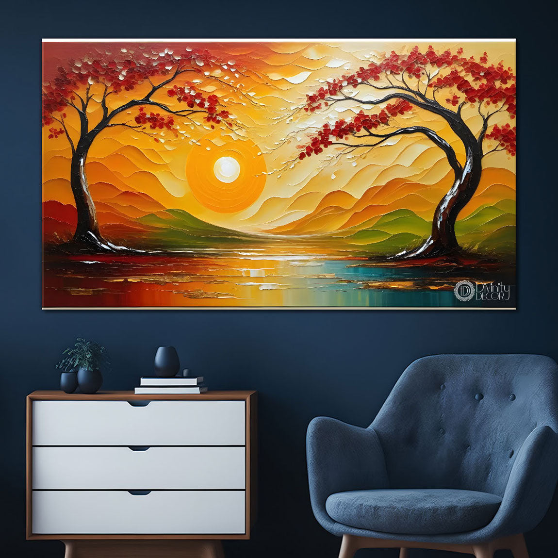 Trees with sunrise painting Canvas Painting - Nature Art -279