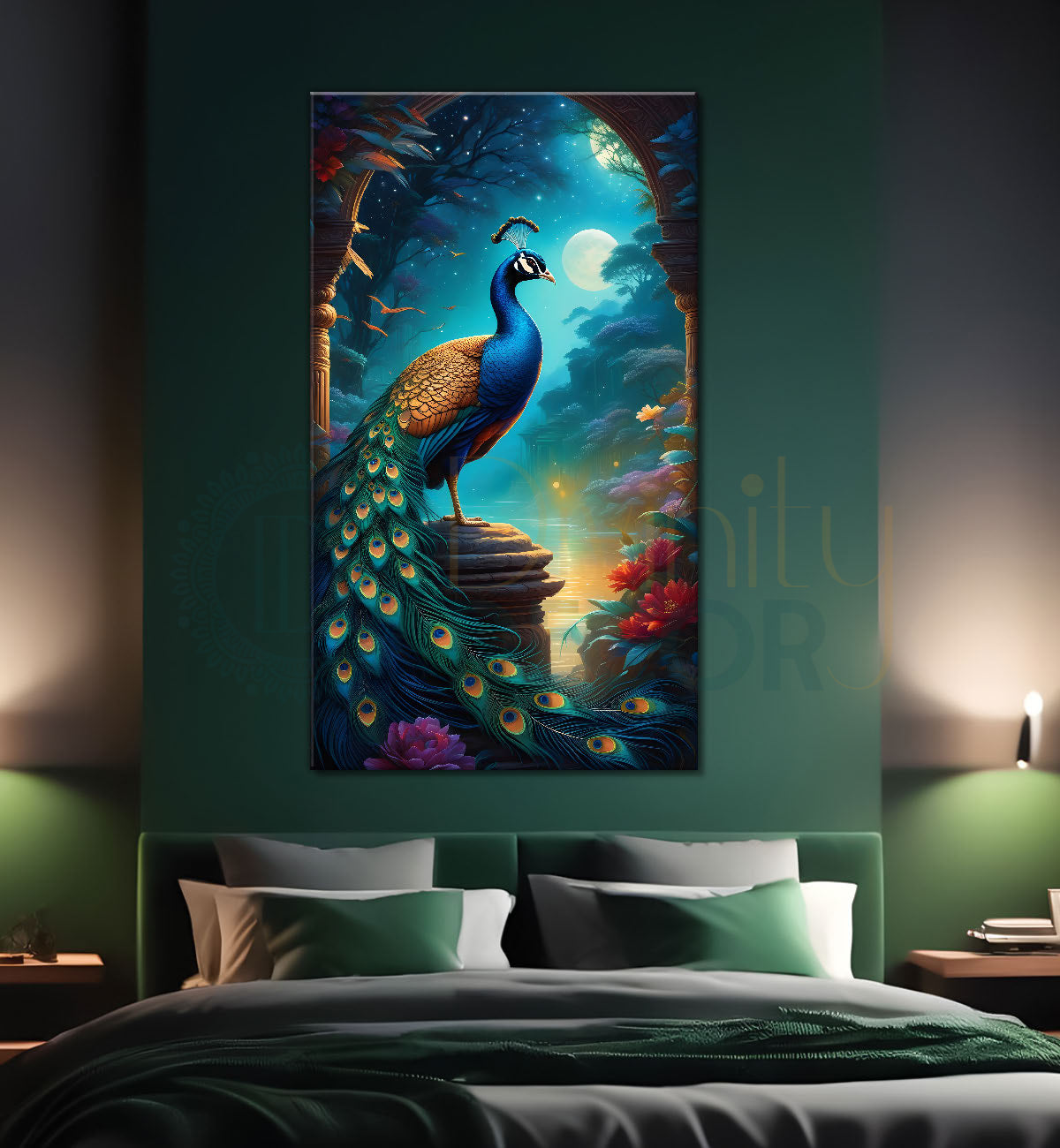 Peacock in front of moon with blue background modern art painting  - Design - Peacock-V-27