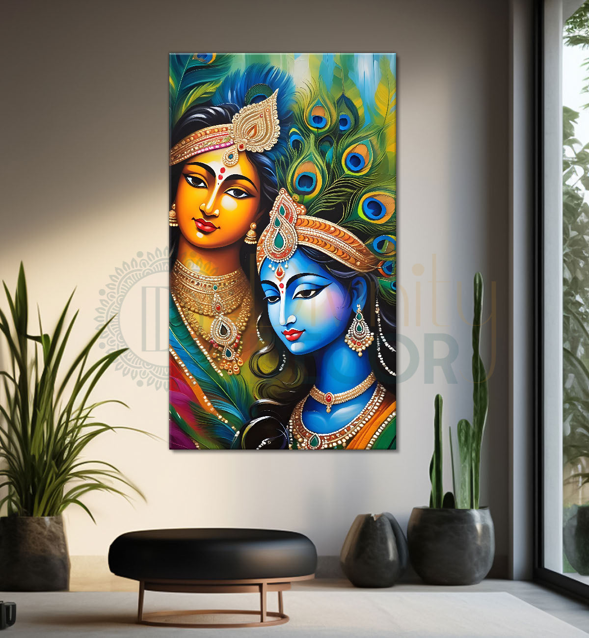 Blue face of krishna with radha in peacock feathers background textured art Canvas Painting - Design - Krishna-V-27
