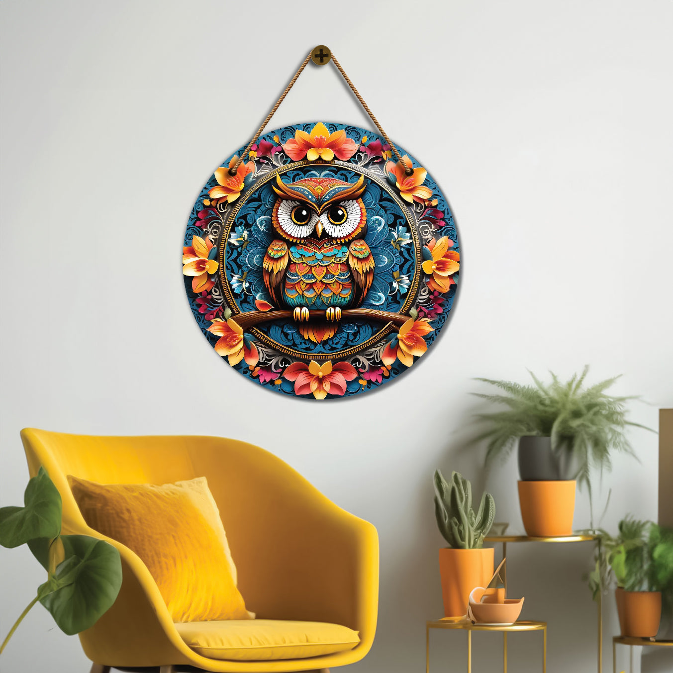 Owl in orange and blue mandala Round Wooden Wall Hanging for wall Décor - Design - 280