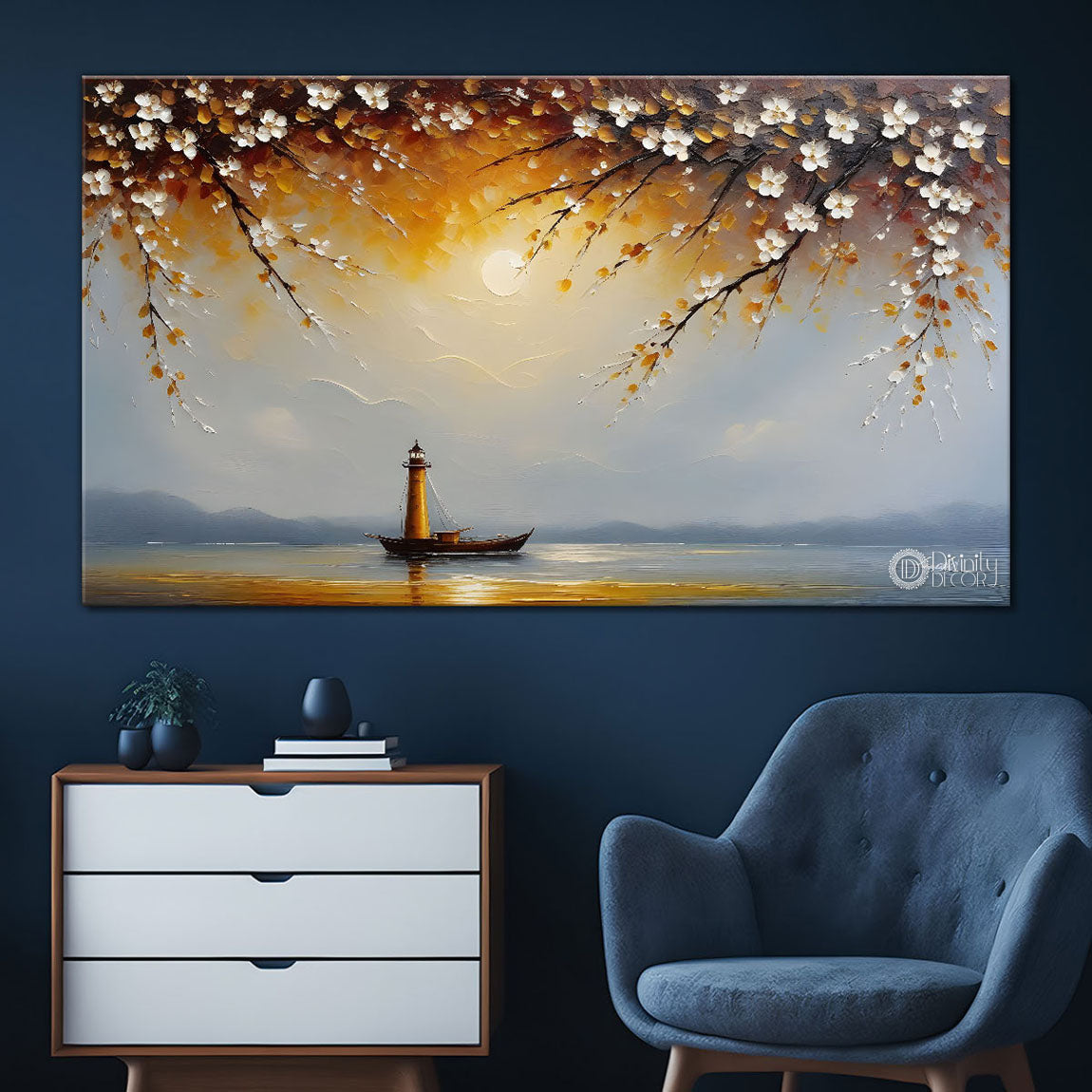 Ship in the sea and tree with flowers painting Canvas Painting - Nature Art -280