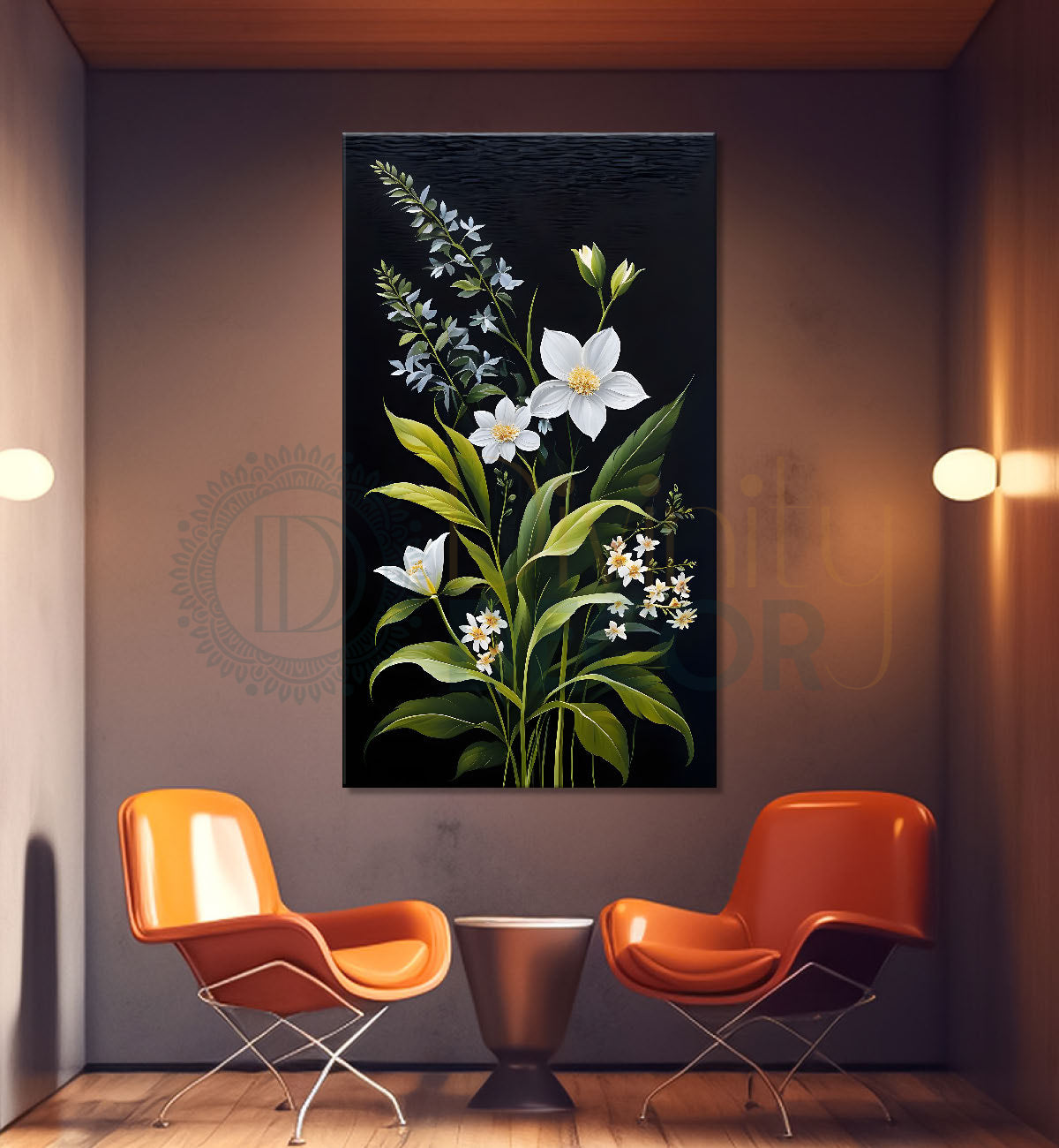 White flowers with leaves in dark textured background painting- Flower-V-280