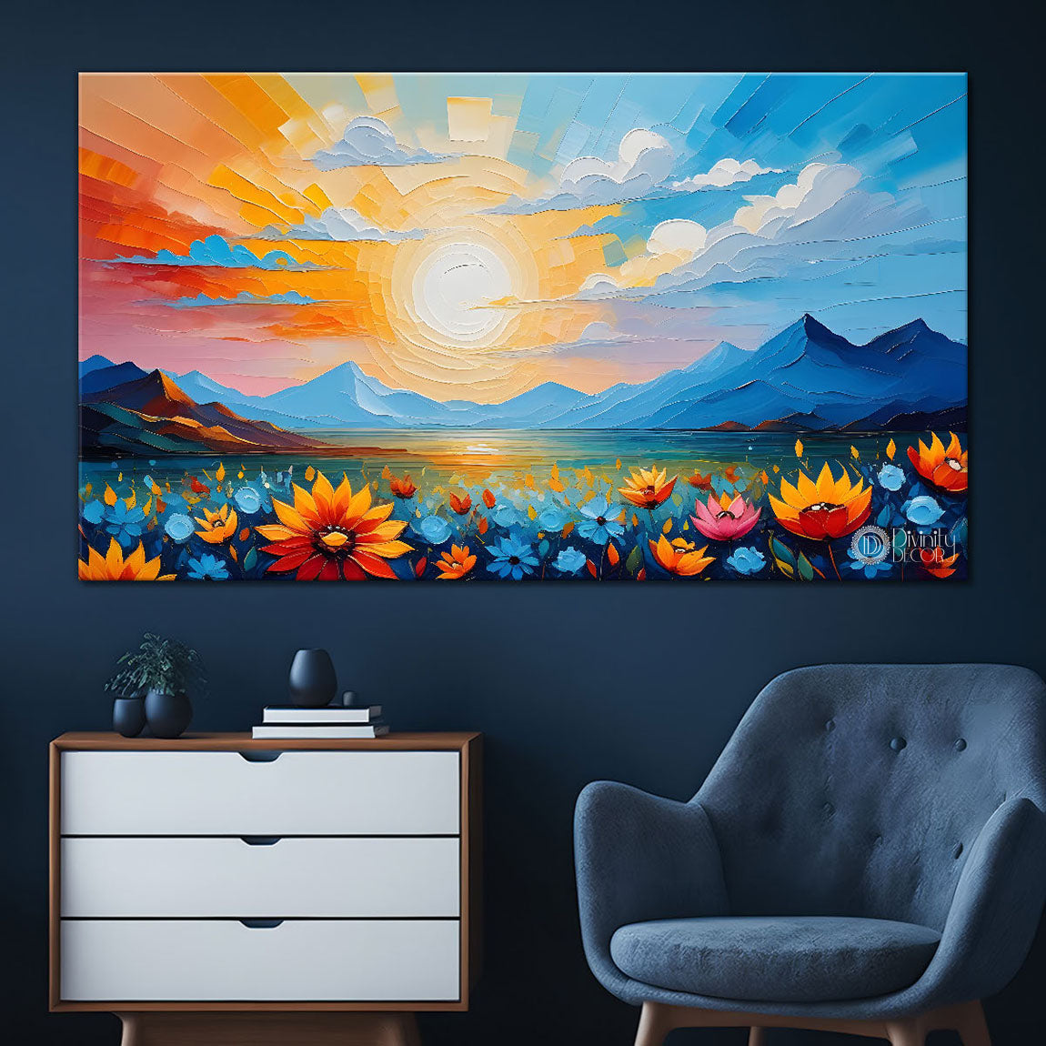 Mountains with flowers and sunset painting Canvas Painting - Nature Art -281
