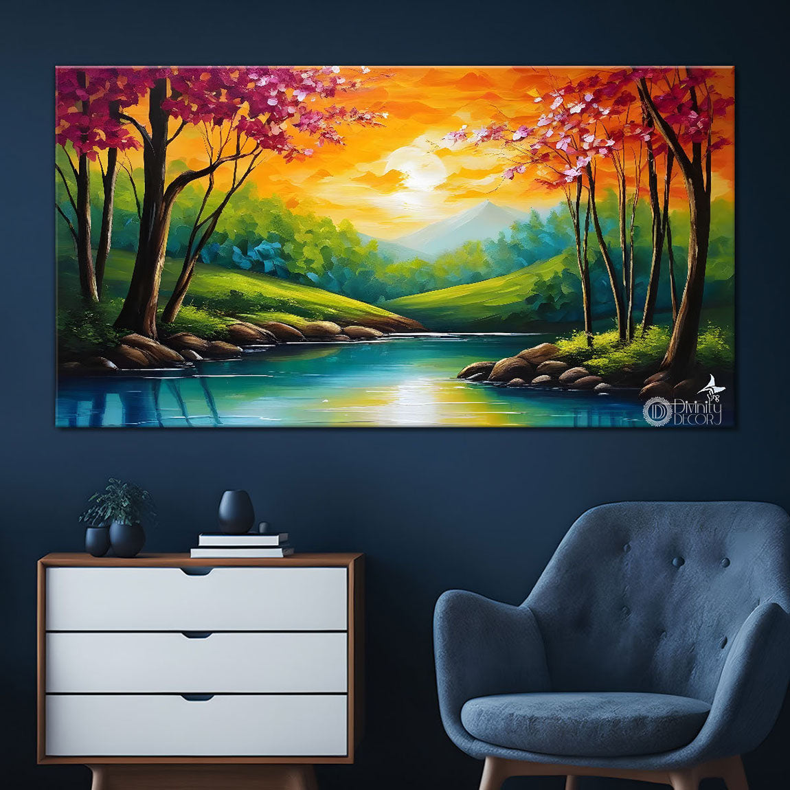 Mountains with orange trees and lake in textured natural art Canvas Painting - Nature Art -282