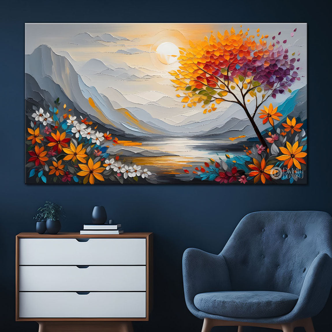 Mountains with orange trees and lake in textured natural art Canvas Painting - Nature Art -283