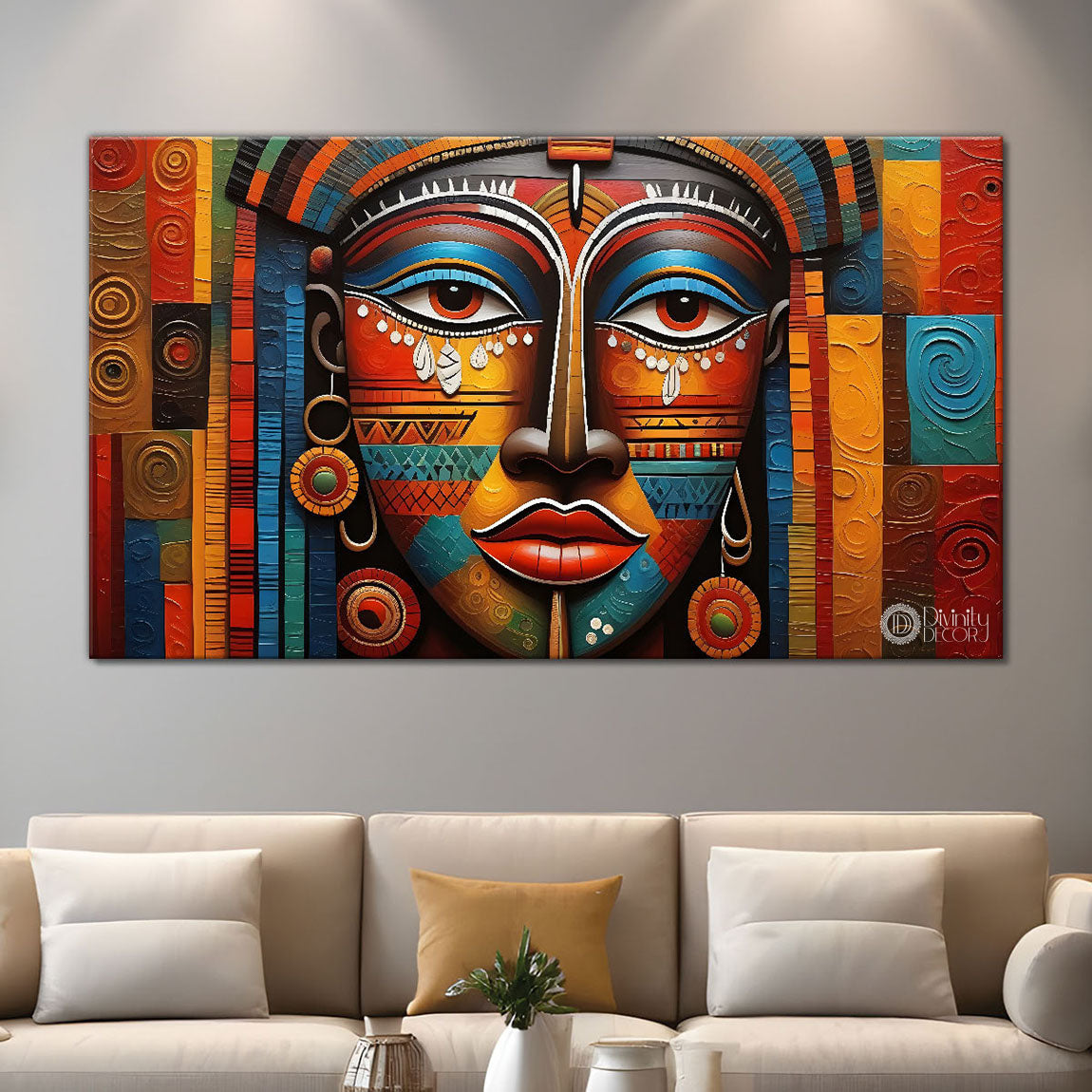 Tribal lady with bright background textured art Canvas Painting - Design - Modern-L-283