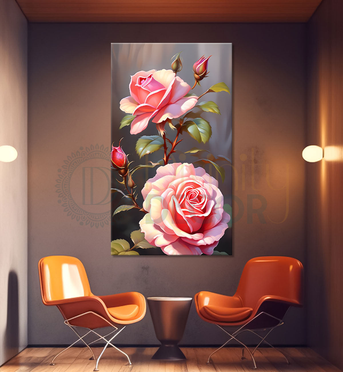 Pink flowers with grey textured background painting- Flower-V-283