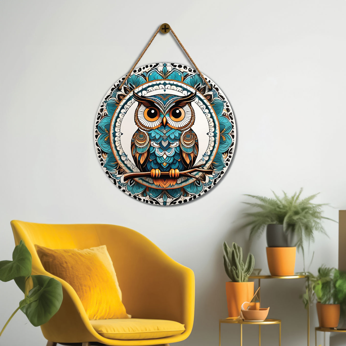 Owl in green and white mandala Round Wooden Wall Hanging for wall Décor - Design - 283