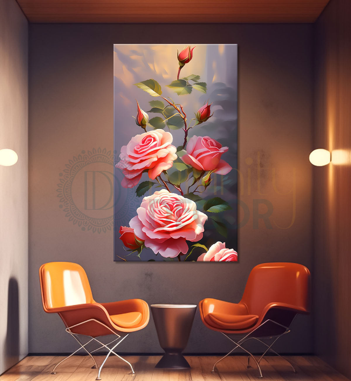 Pink flowers with grey textured background painting- Flower-V-284