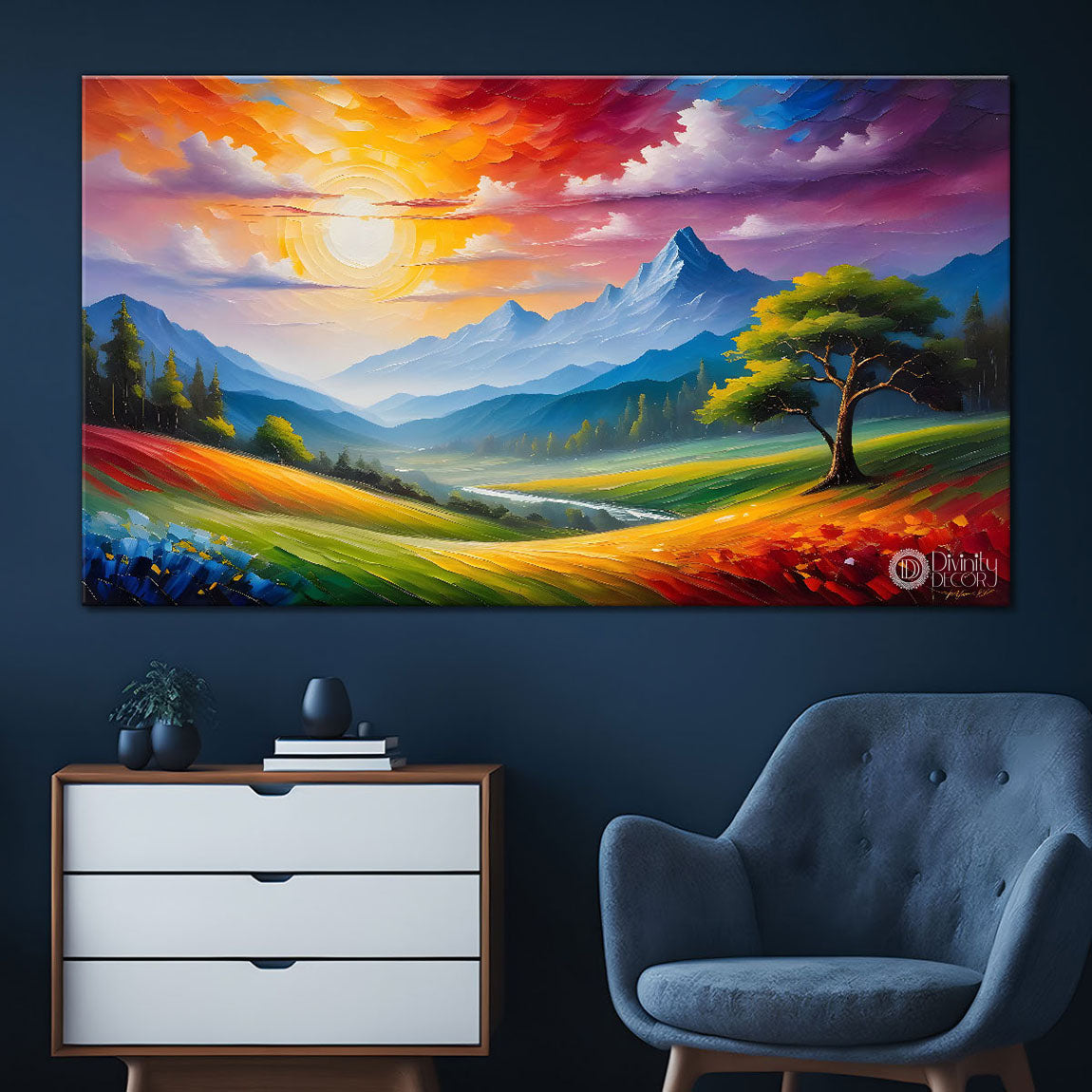 Mountains with trees and colorful sky painting Canvas Painting - Nature Art -285