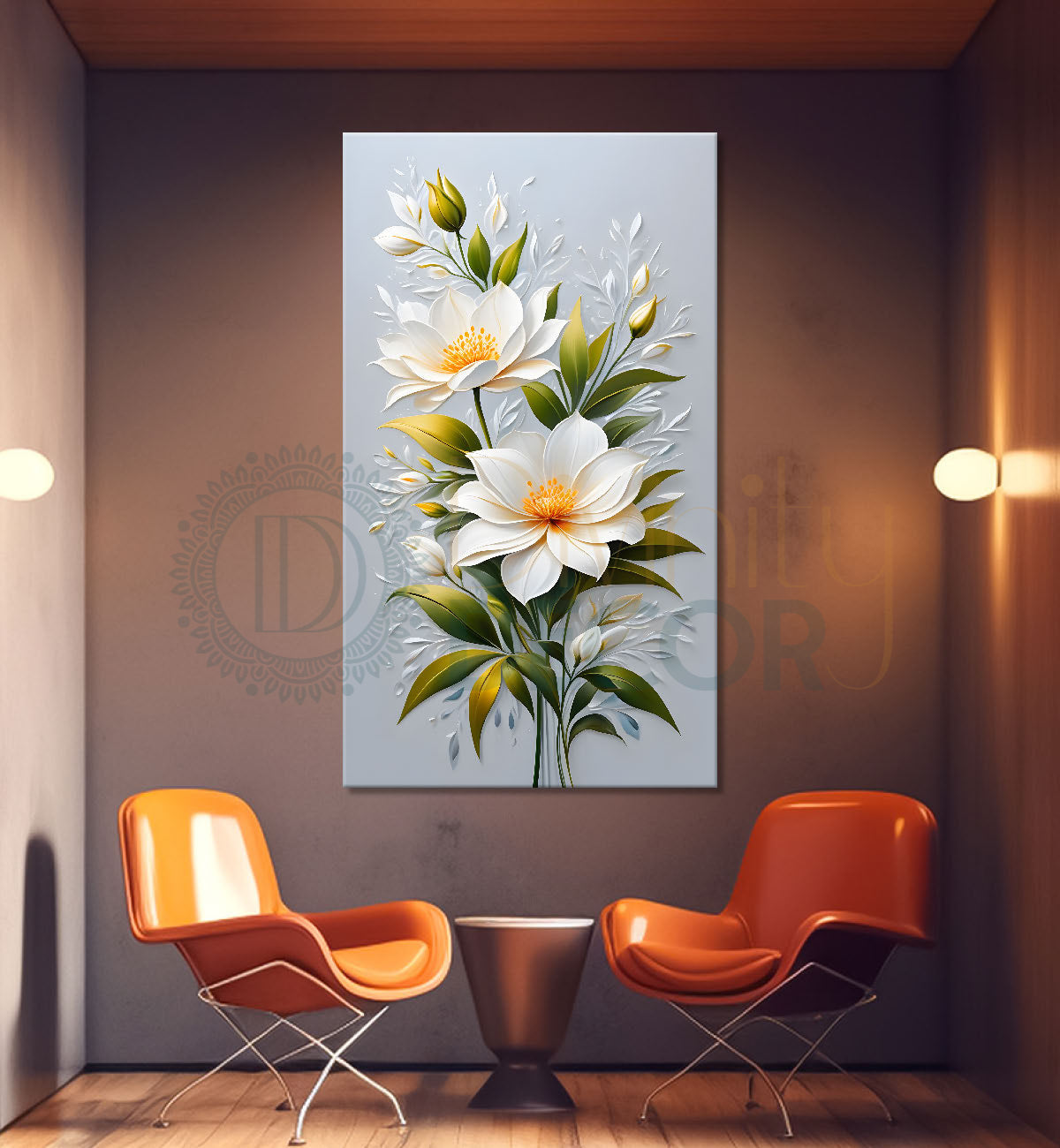 White flowers in grey textured background painting- Flower-V-285