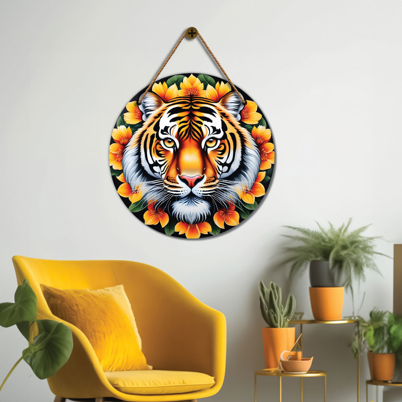 Tiger in yellow and black mandala Round Wooden Wall Hanging for wall Décor - Design - 285