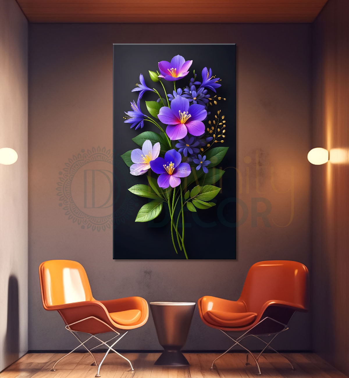 Purple flowers in dark textured background painting- Flower-V-286