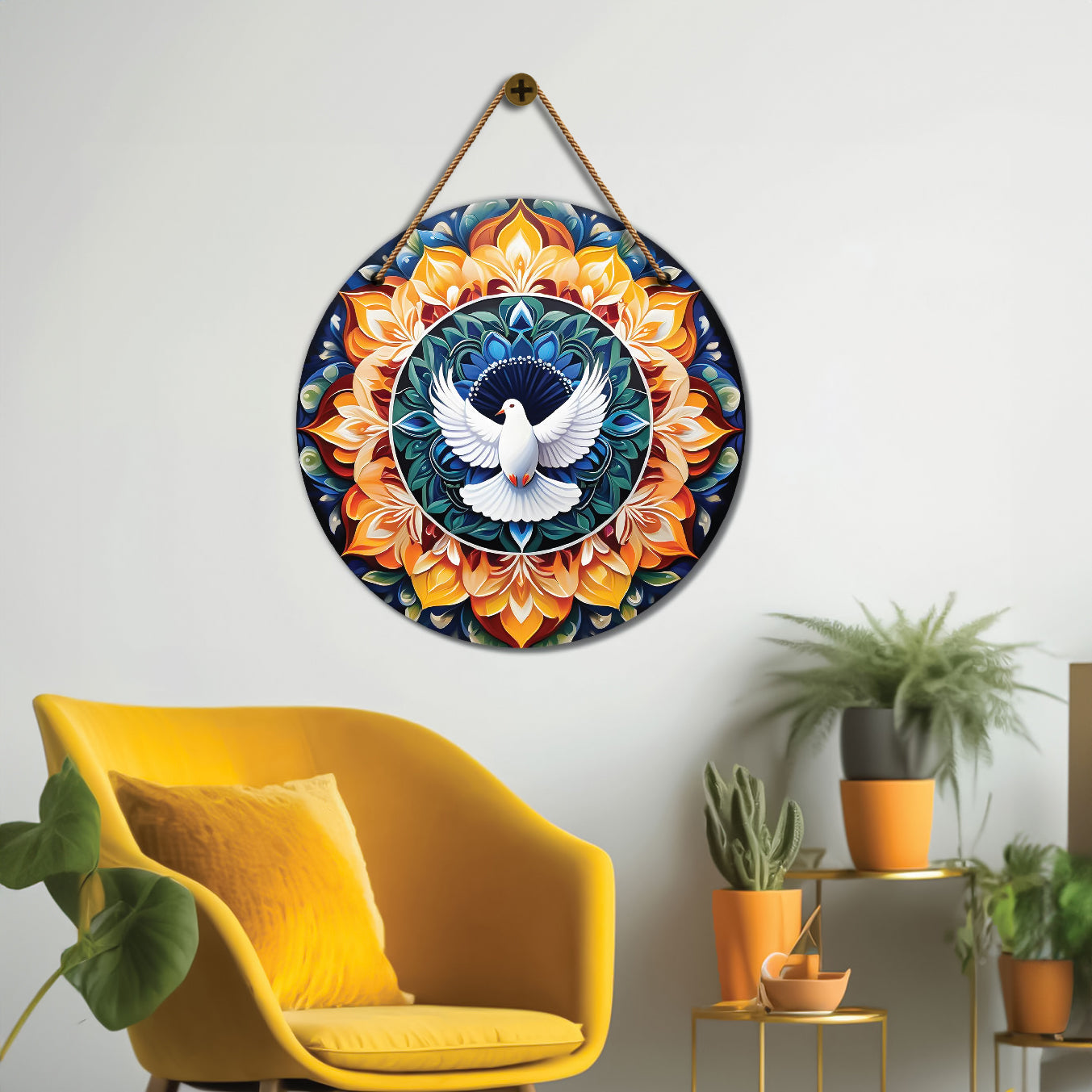 Pigeon in blue and yellow mandala Round Wooden Wall Hanging for wall Décor - Design - 286