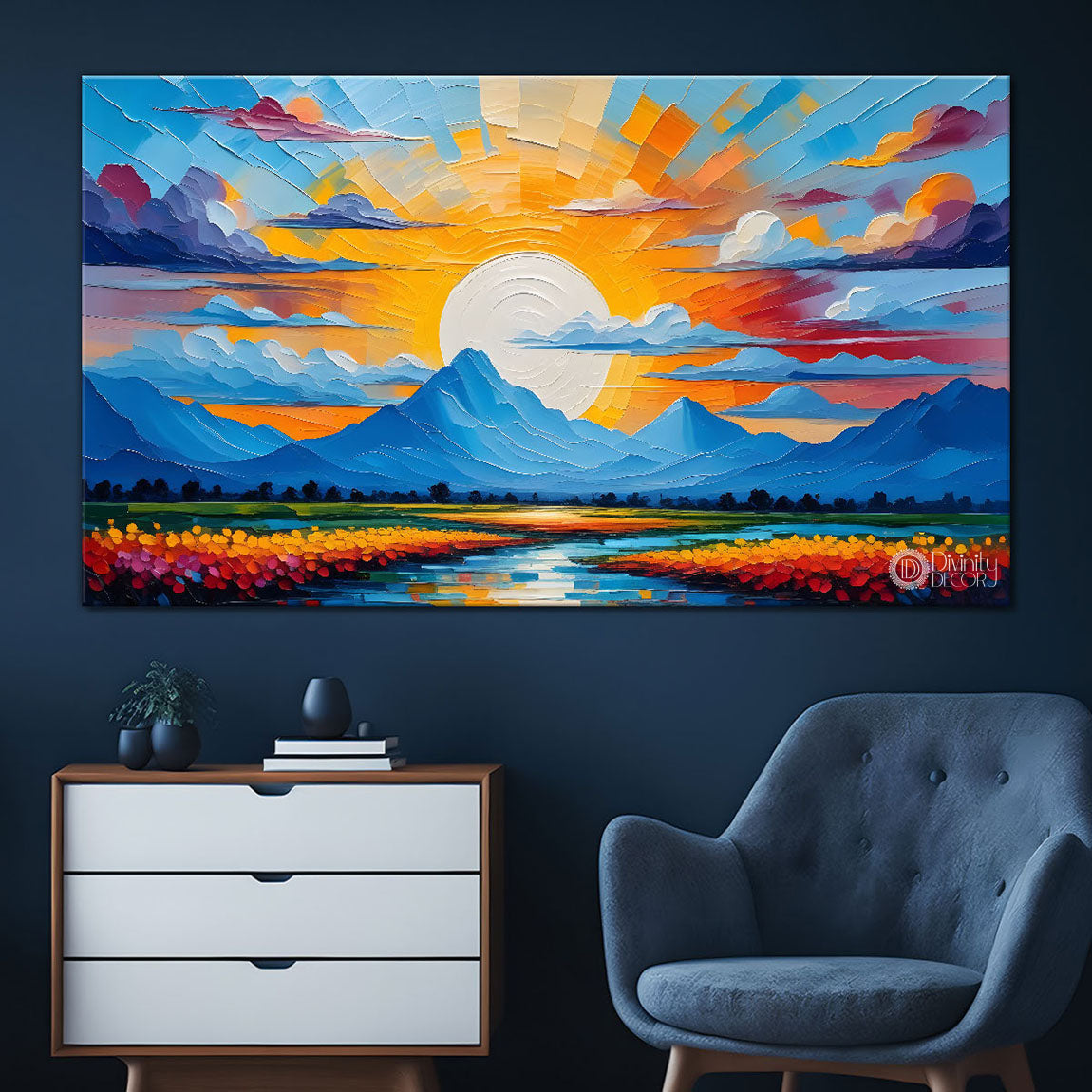 Mountains with lake and colorful painting Canvas Painting - Nature Art -286