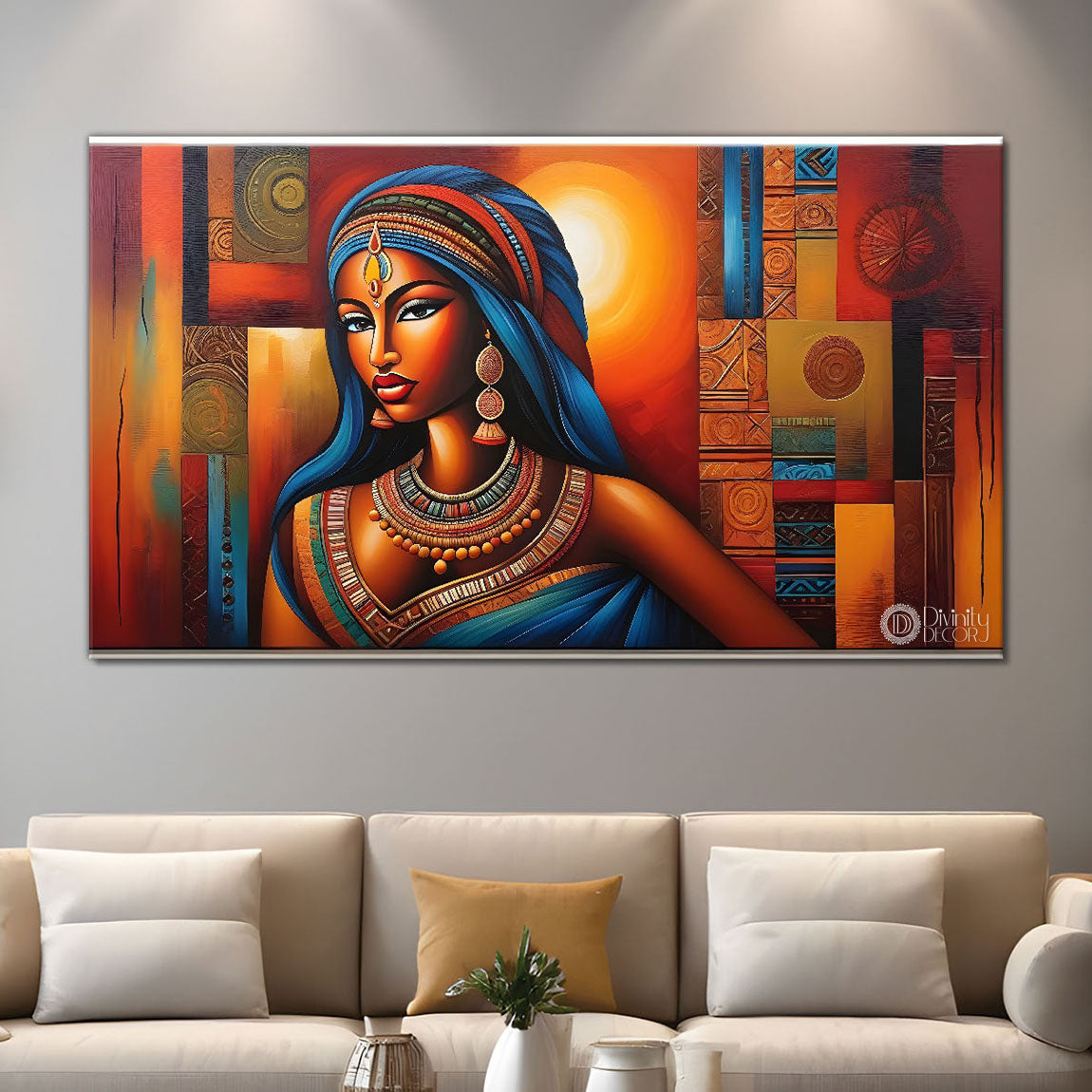Tribal lady with bright background textured art Canvas Painting - Design - Modern-L-286