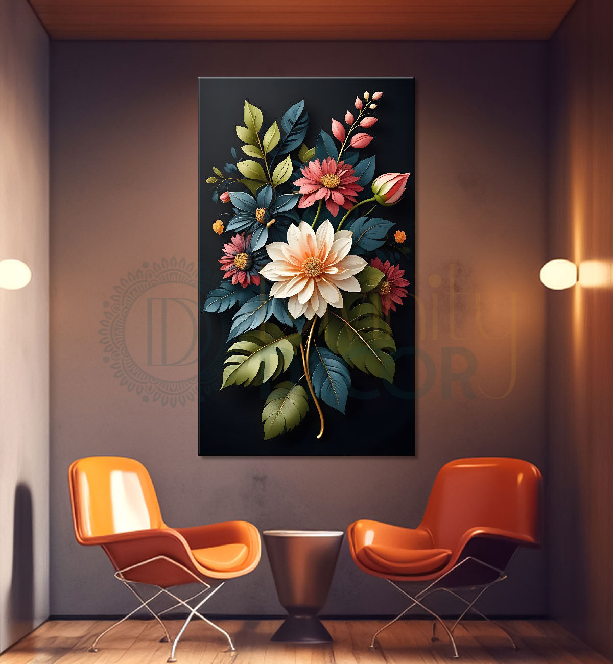 Colourful flowers in grey textured background painting- Flower-V-288