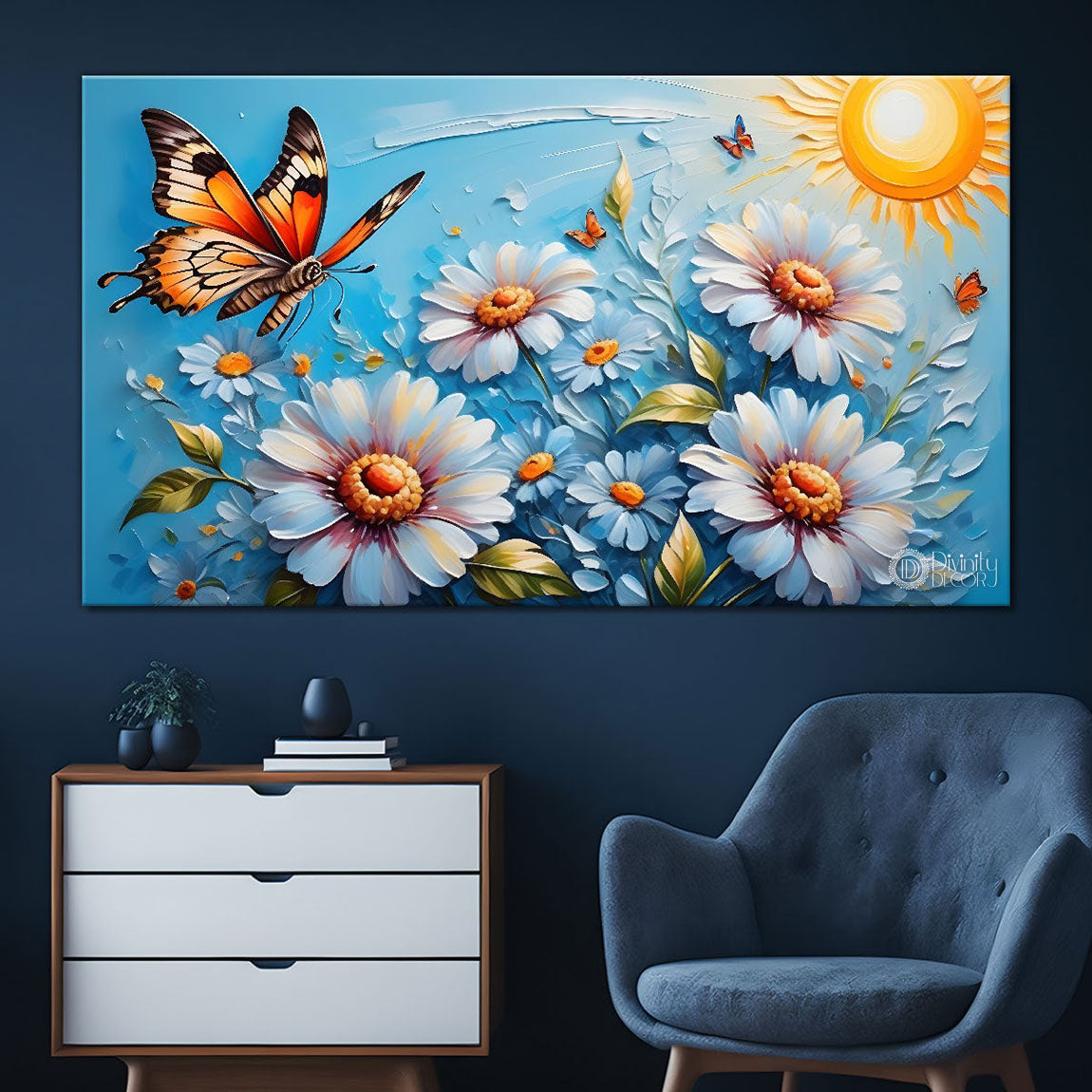 White flowers and butterfly painting Canvas Painting - Nature Art -289